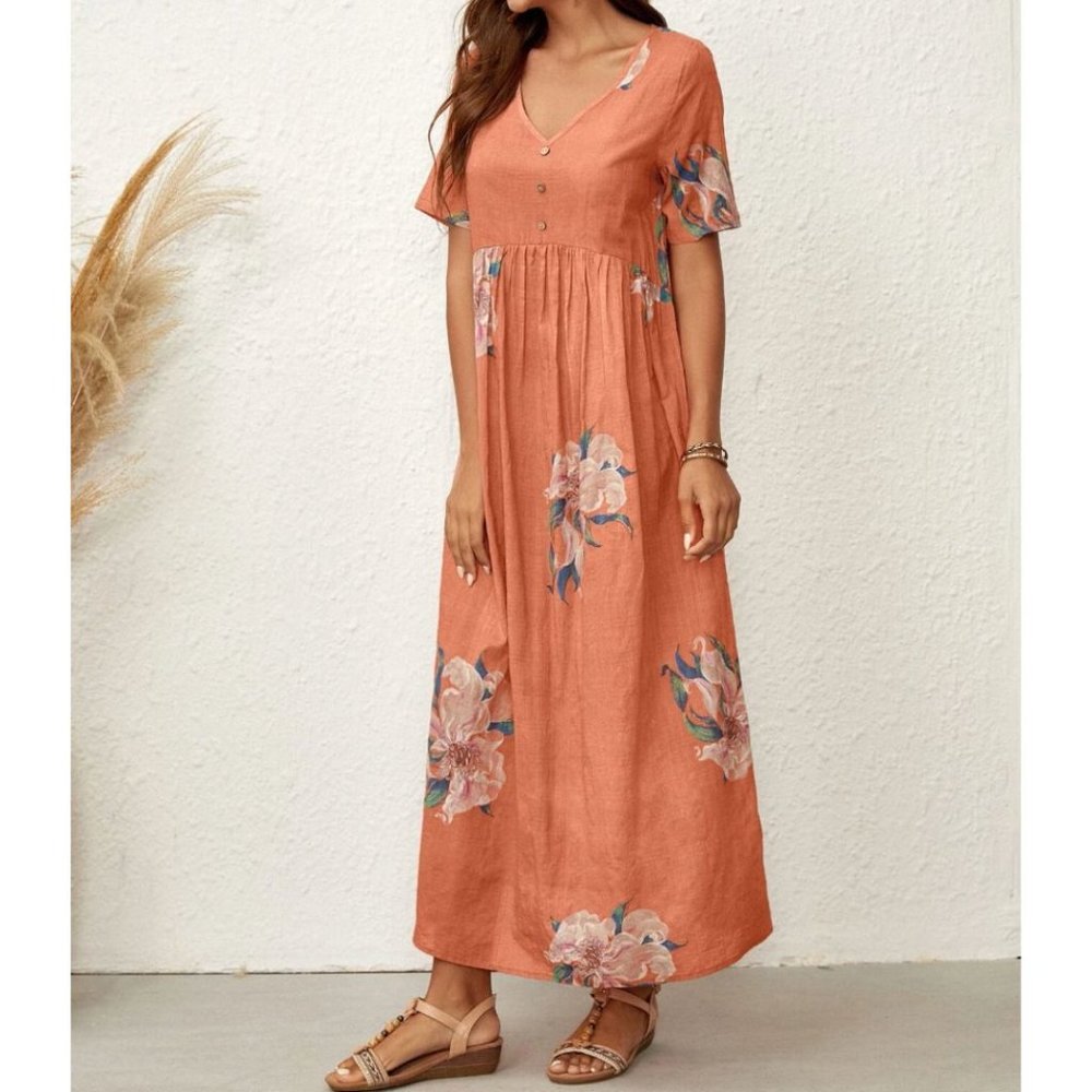 Coral Cotton Floral Maxi Dress - Picture 3 of 10